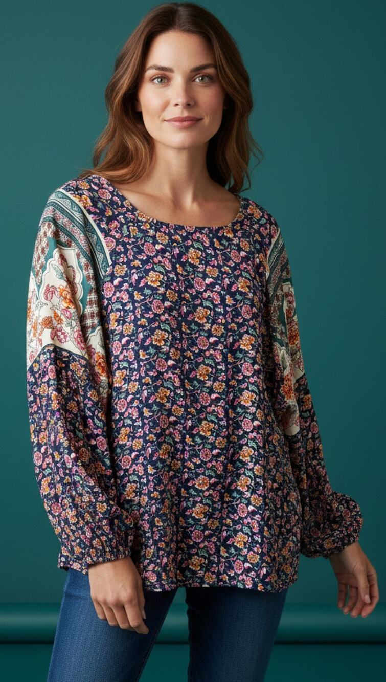 Boho Peasant Blouse Mixed Floral Border Print Navy Plus Size 1XL Whimsigoth